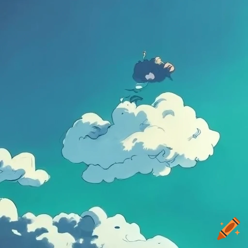 Studio ghibli style drawing of clouds in a clear sky on Craiyon
