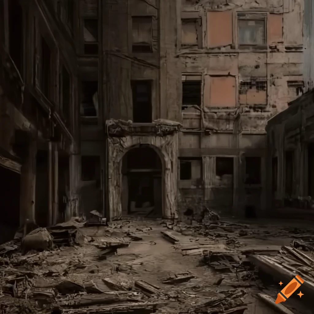 Post-apocalyptic wasteland with ruins, small buildings, and dusty roads