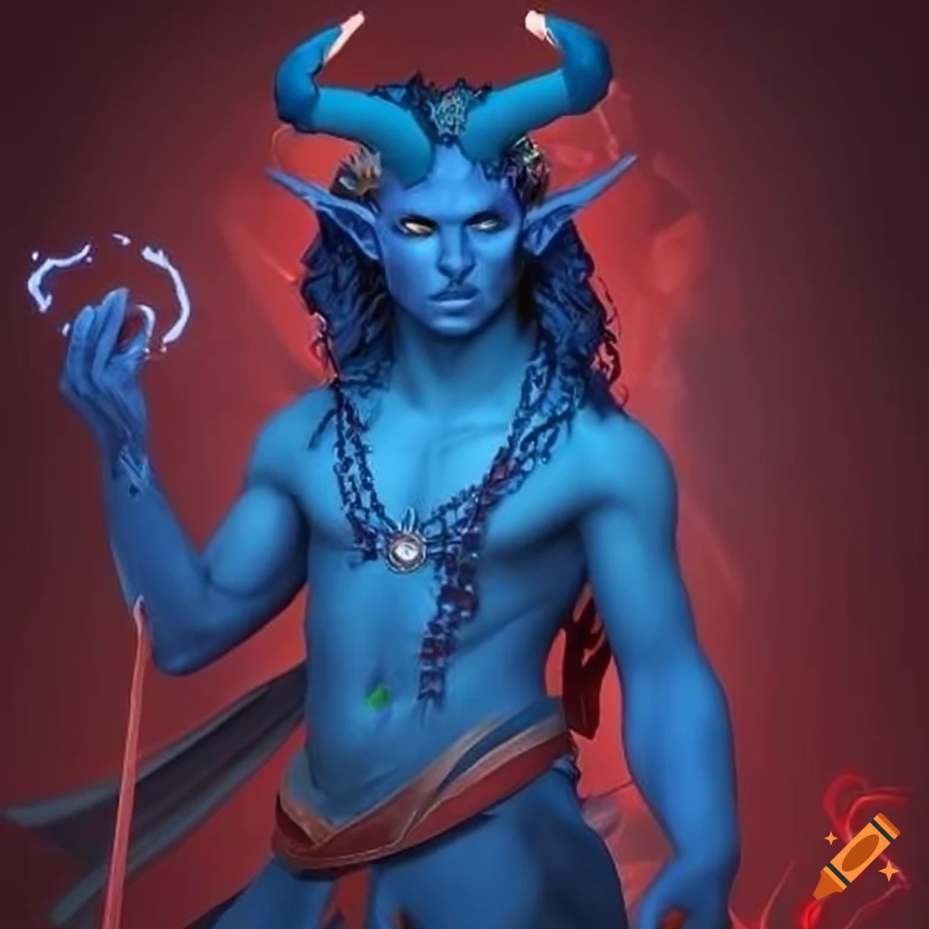 Male tiefling sorcerer with blue skin and red accents