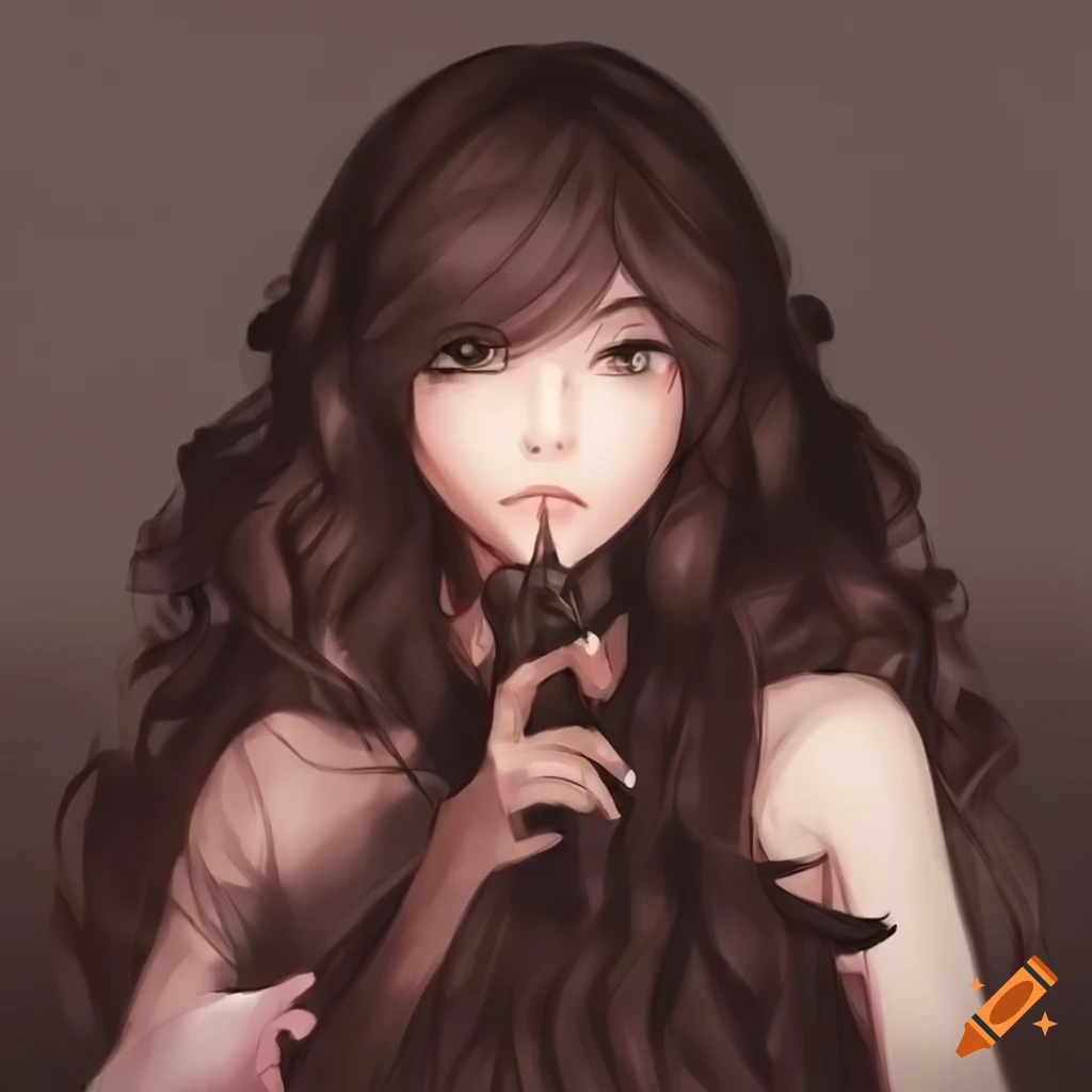 Vocaloid girl with long dark brown hair in a dark academia style