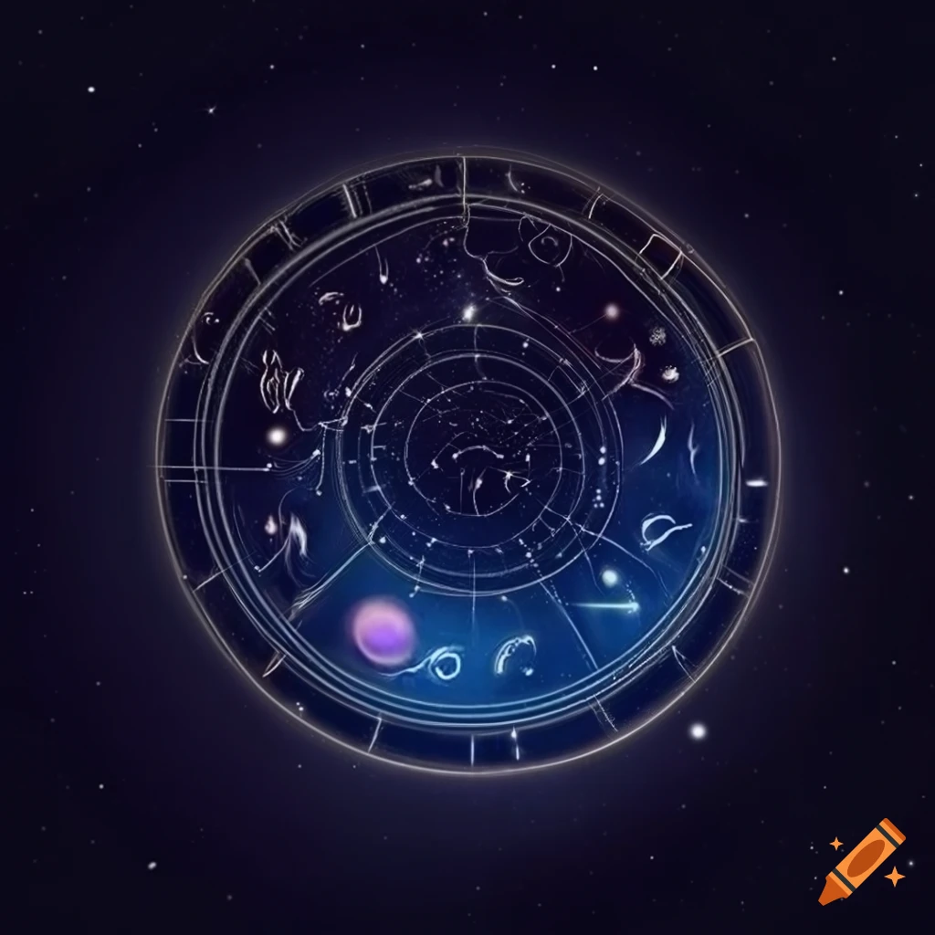 Realistic drawing of zodiac signs, planets, and starry sky on a dark background