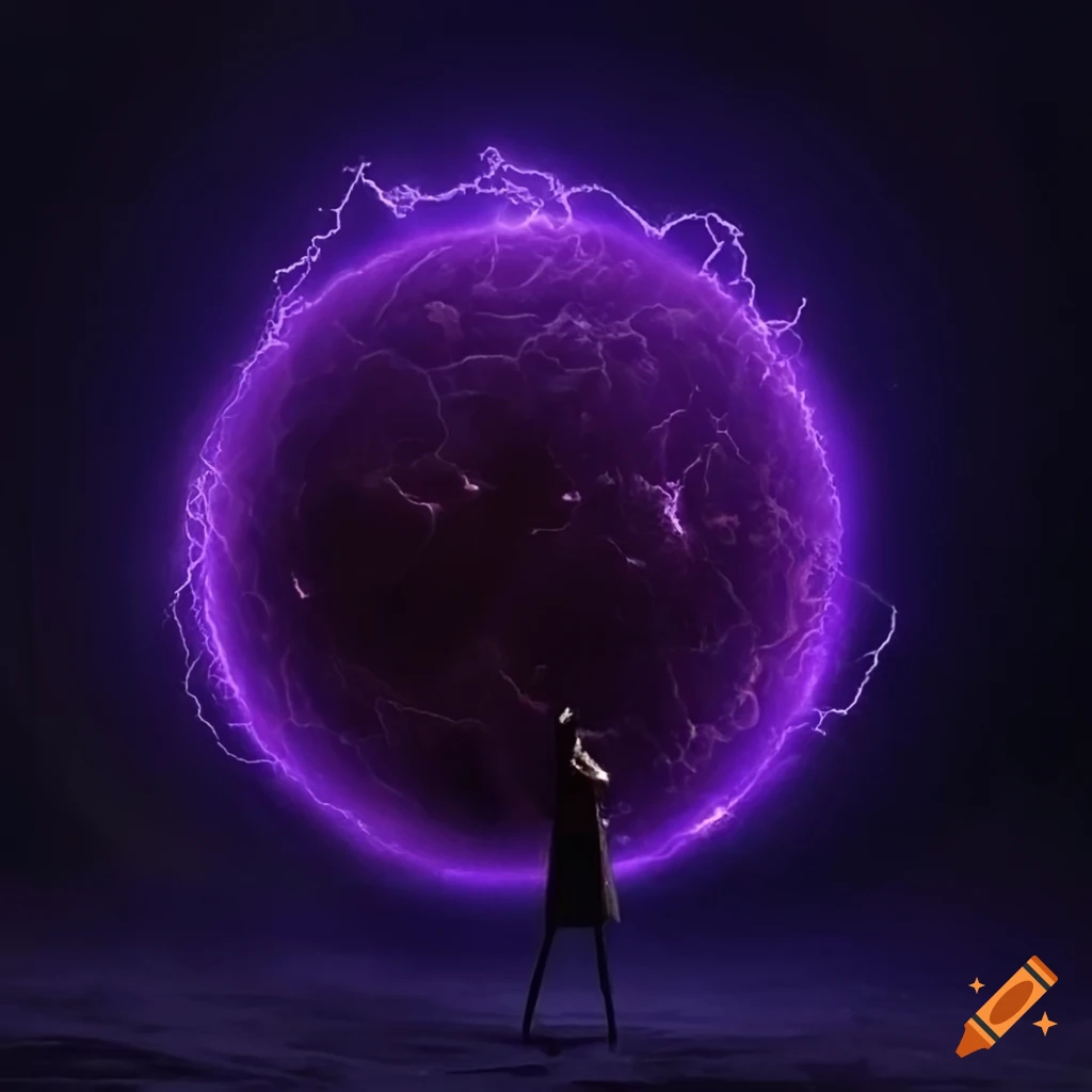 Enormous dark purple lightning sphere above a town