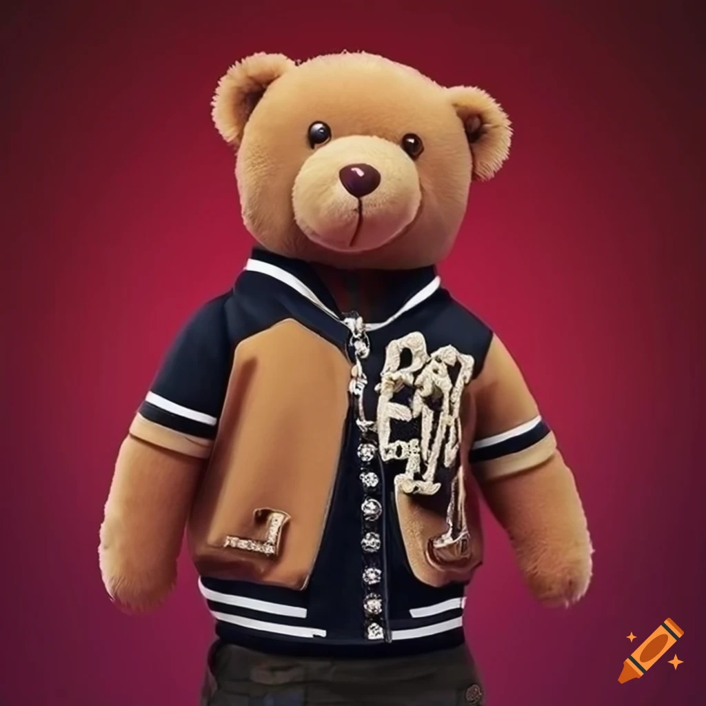 Futuristic hip hop rapper teddy bear in varsity jacket with diamond necklaces