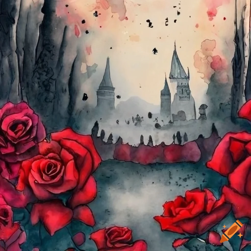 Beautifully detailed sequential art of a fairy tale kingdom in a red rose field