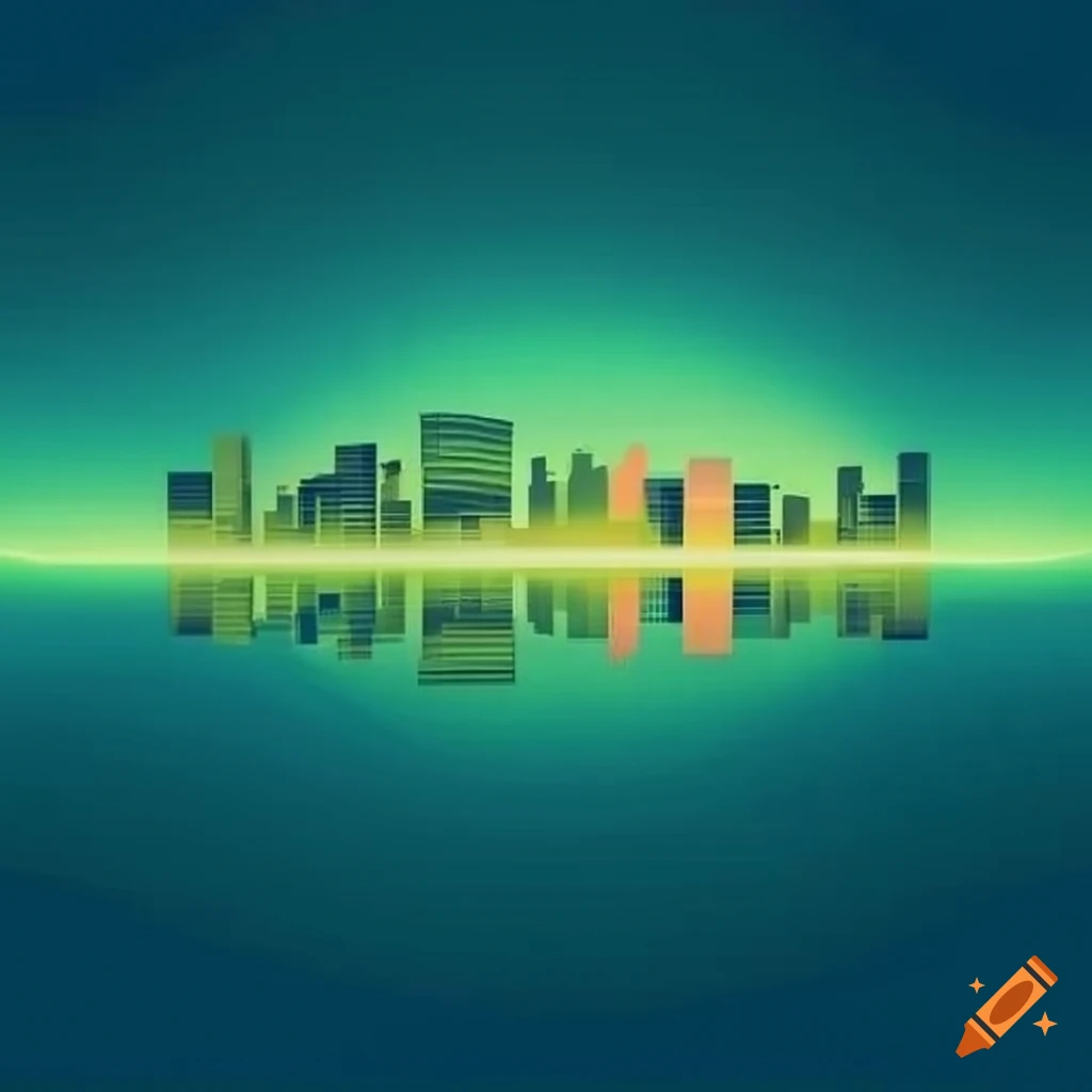 City skyline in cubist style with reflection in the sea and blue sky