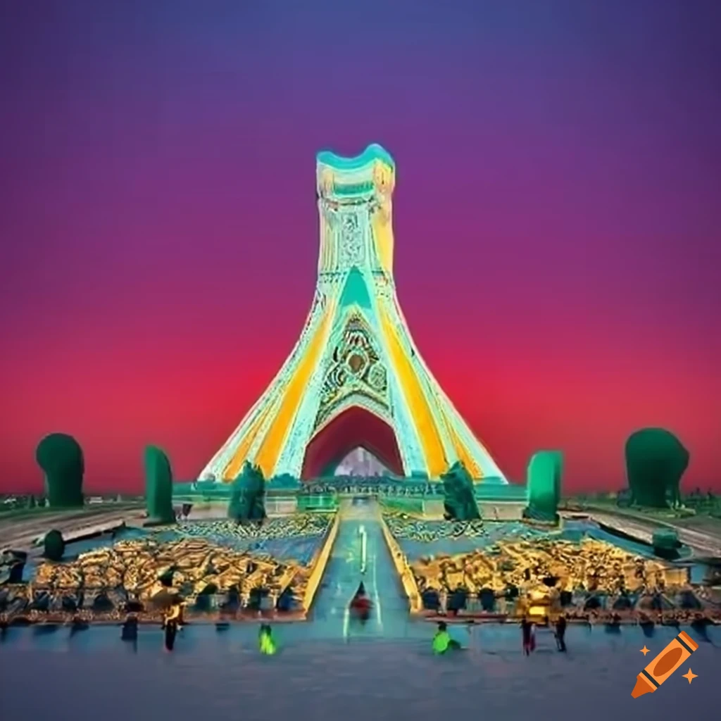 3D illustration of a grand square in Teheran with golden statues and the Pahlavi Royal family