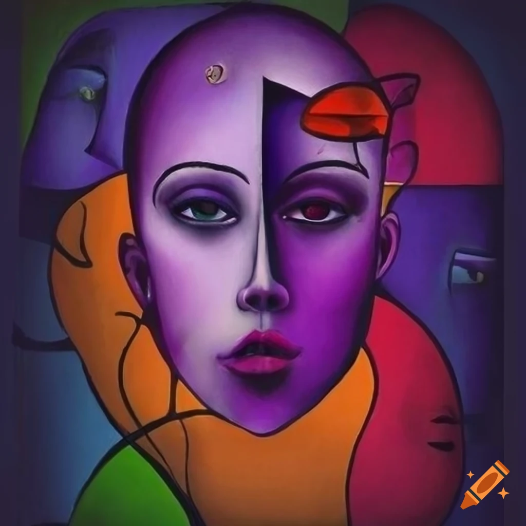 Surrealistic cubist doodles of face, rose, and various colors