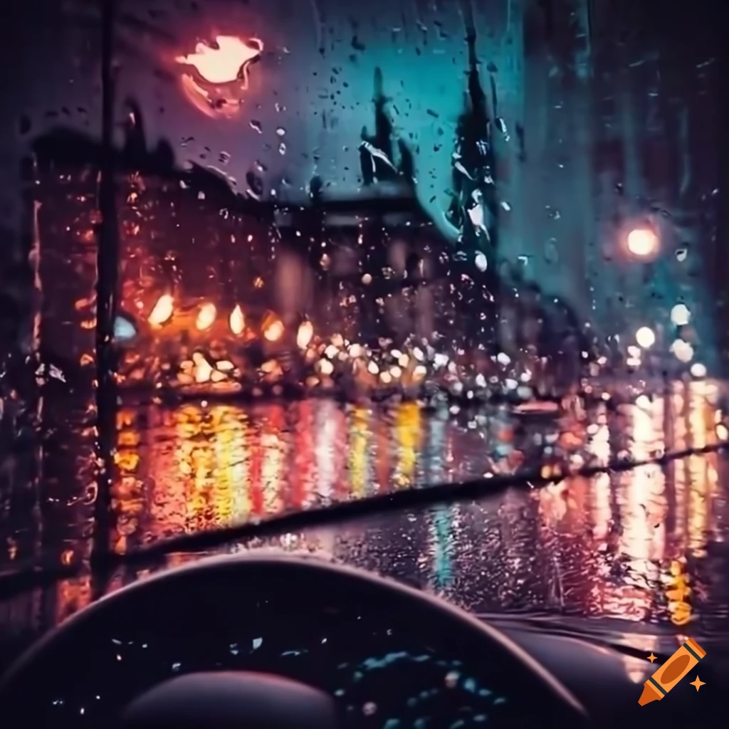 Rainy city night seen through a car windshield with streetlights on Craiyon