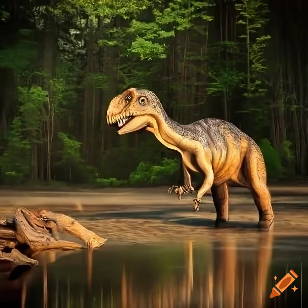 Hadrosaurus dinosaurs walking along a muddy bank of a lake in warm ...