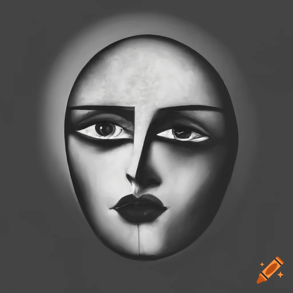 Surrealist cubist doodles of black and white face with black lines on
