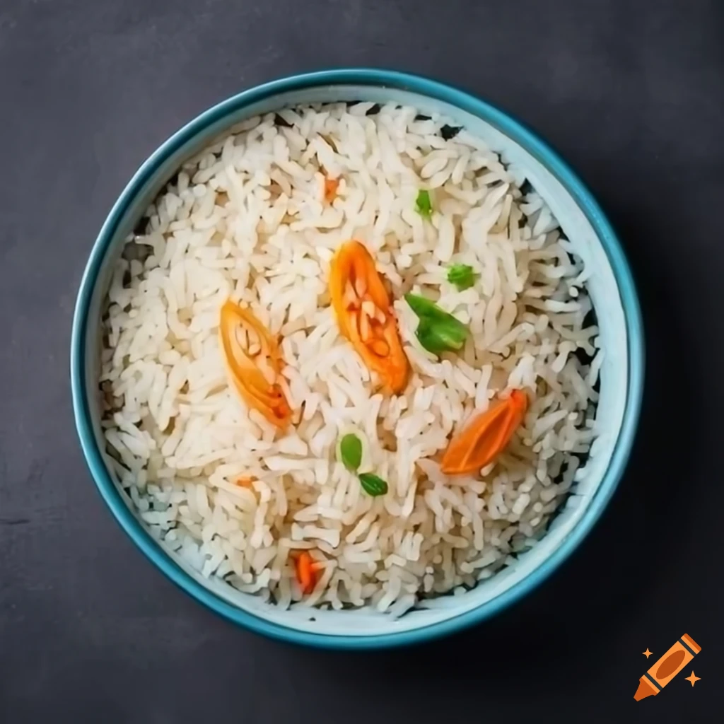 Top view of basmati rice dish on dark background