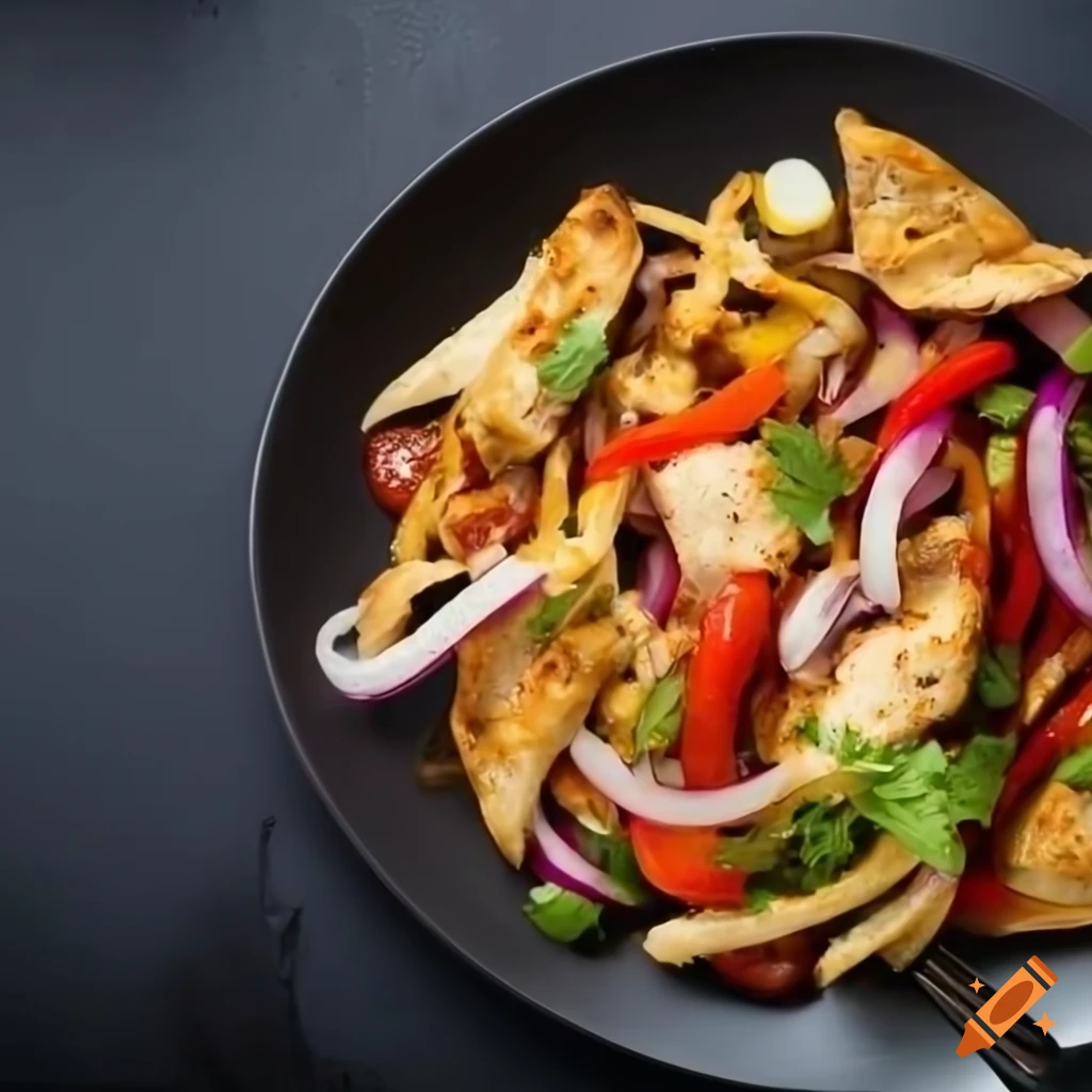 Chicken fajita on a dish on black background from top view