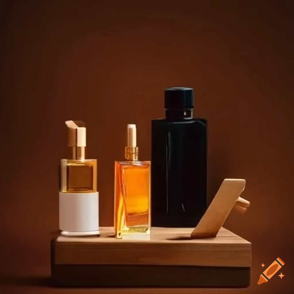 Wooden box with perfume and skincare products