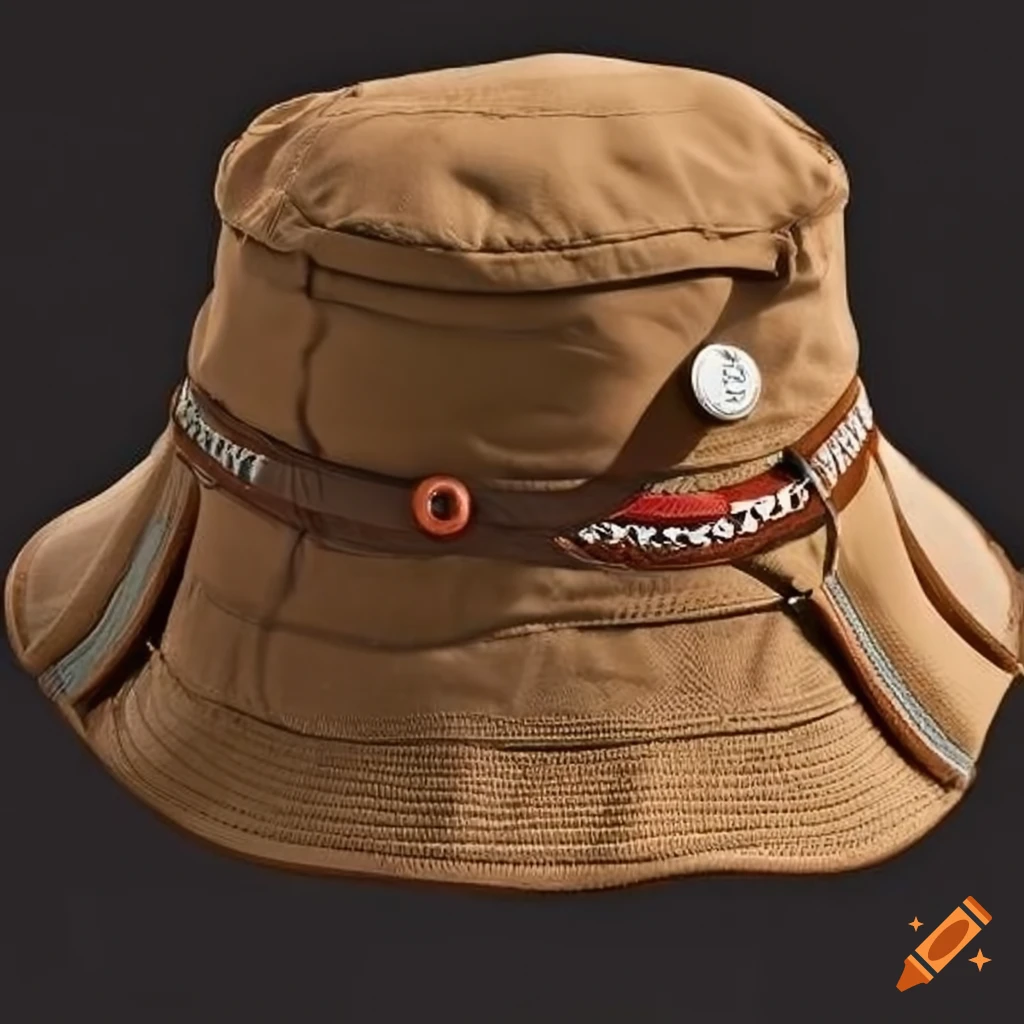 Light brown fisherman's bucket hat with colorful lures hanging from it on  Craiyon