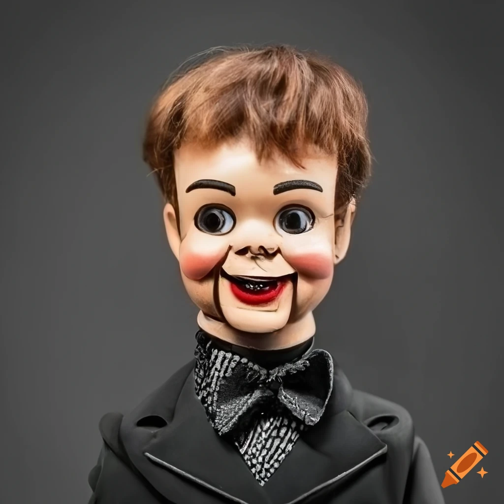 Vintage ventriloquist dummy with brown hair and black suit on Craiyon