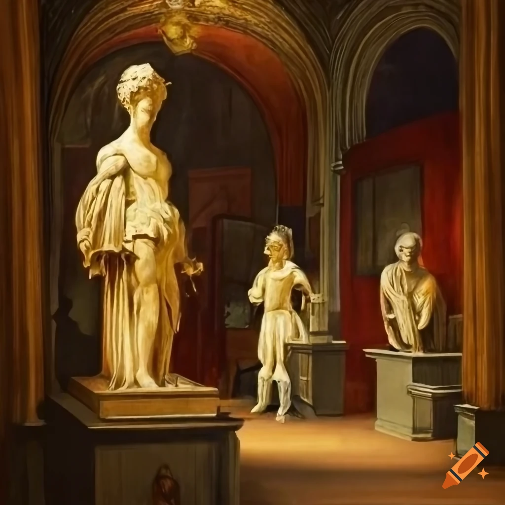 Museum with old paintings and statues in doodle art style