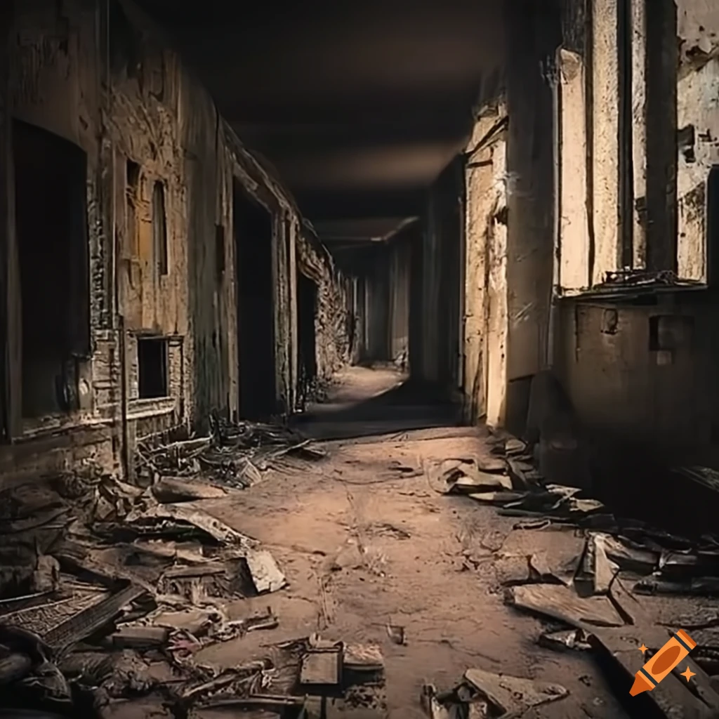 Post-apocalyptic wasteland with ruins, small buildings, and dusty roads