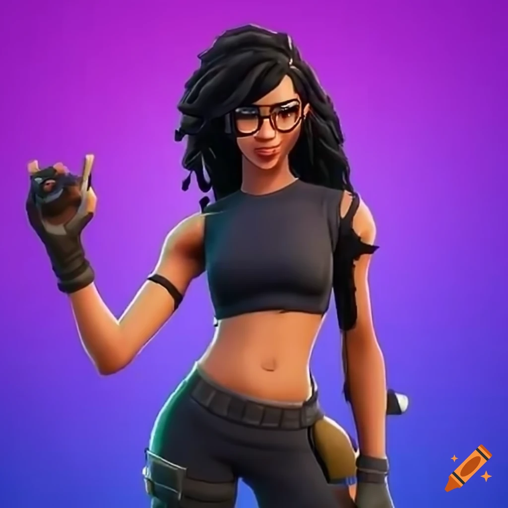 Young woman with long black hair, cute crop top, and glasses inspired by Fortnite