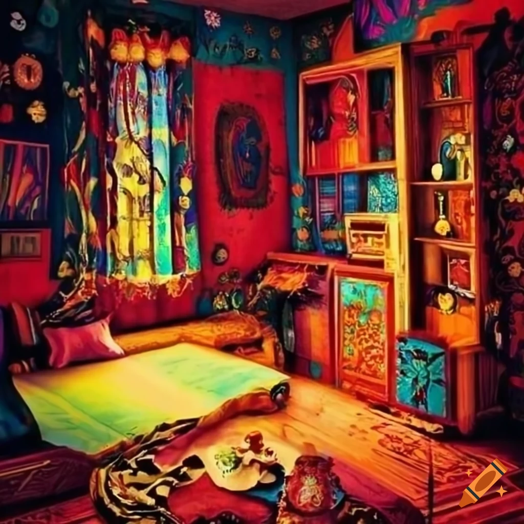 Bohemian-style room with colorful decor and cozy atmosphere