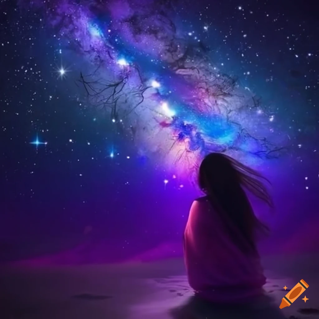 Cosmic dreamscape with blue, purple, and violet lights
