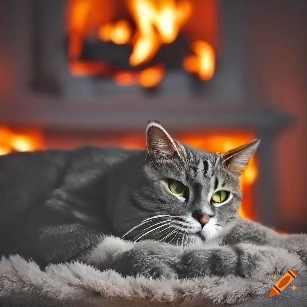 Cozy feline nap in front of roaring fire in a cozy home