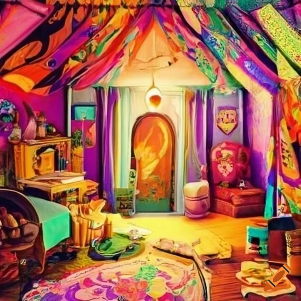 Bohemian-style room with colorful decor and cozy atmosphere