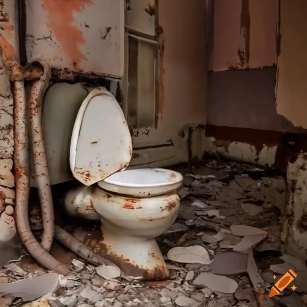 Leaking toilet in dilapidated institutional bathroom with roaches