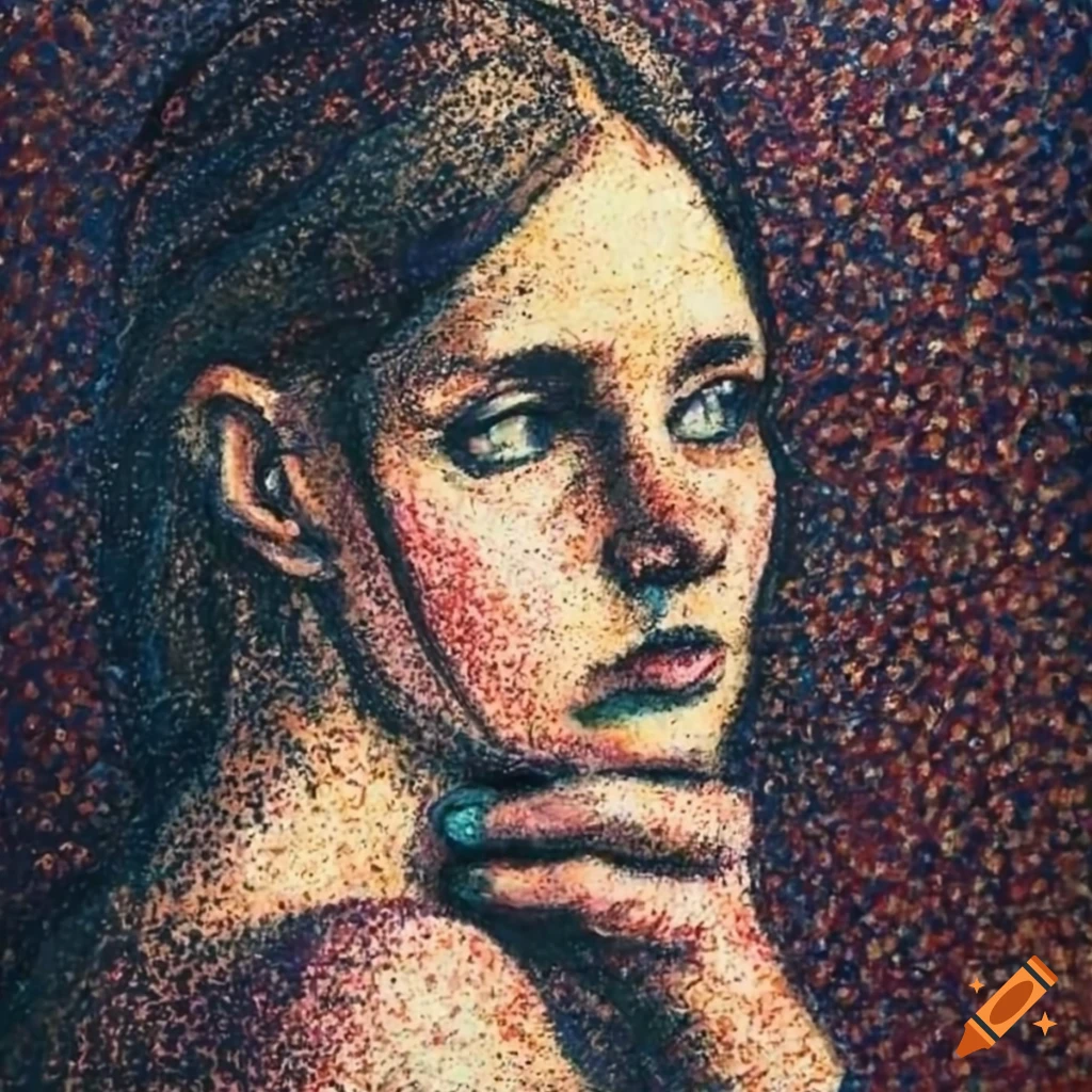 Portrait of a woman in profile with a despairing expression in pointillism style