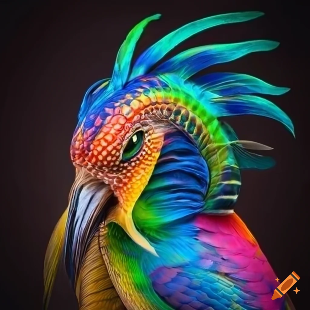 Colorful artwork of a mythical bird with rainbow feathers and a python ...