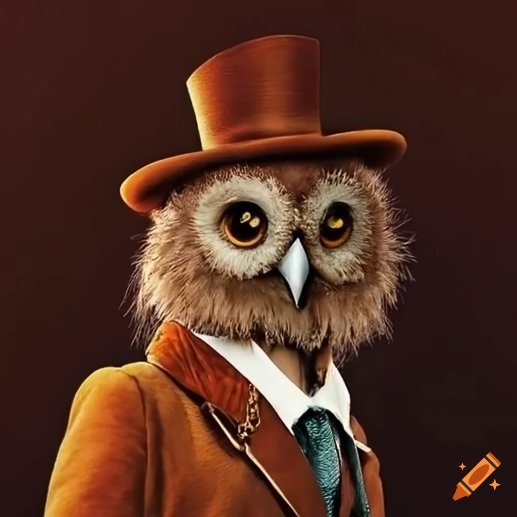 Unique owl in formal attire with a touch of Willy Wonka's style