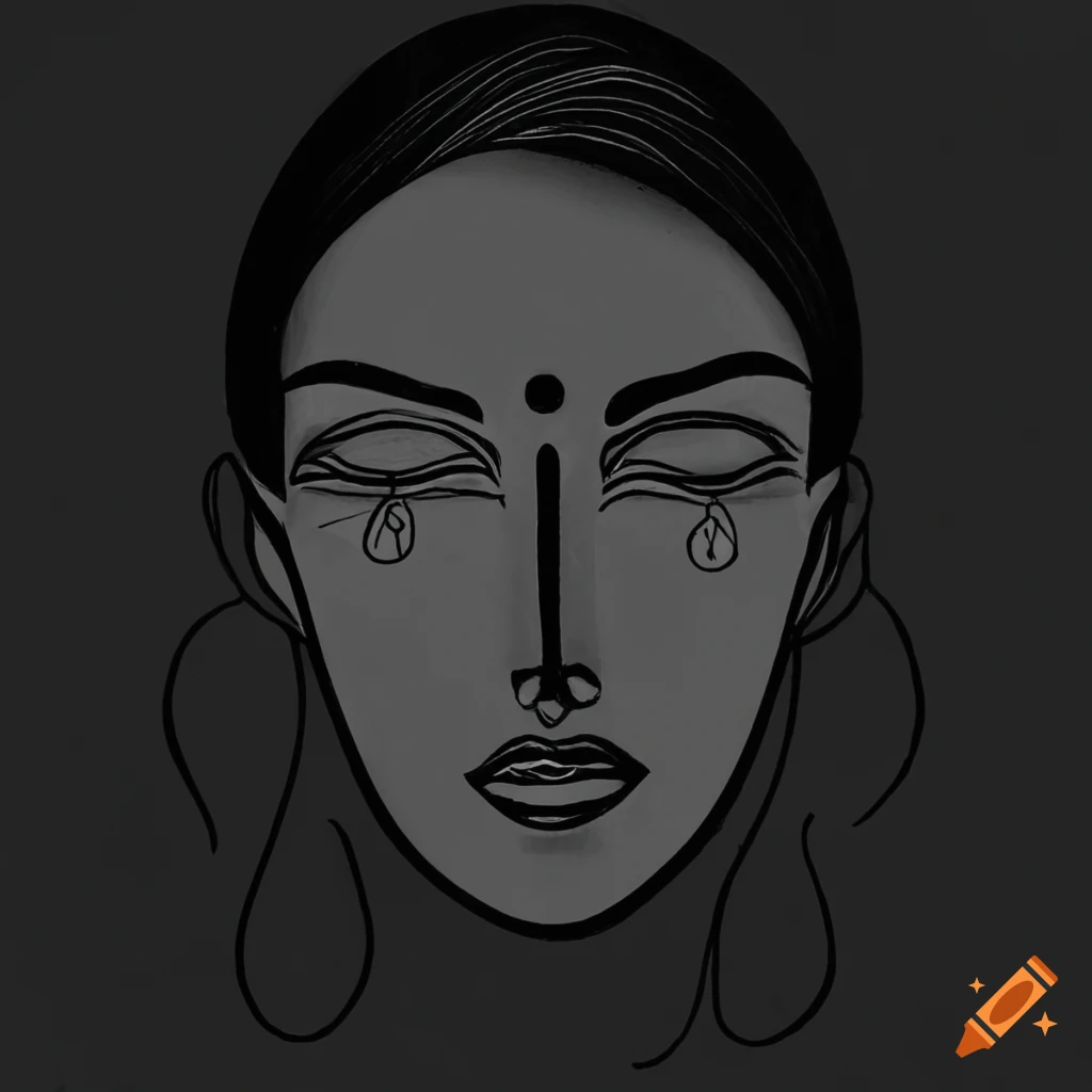 Whimsical minimalist klimtstyle face in black and white line drawing