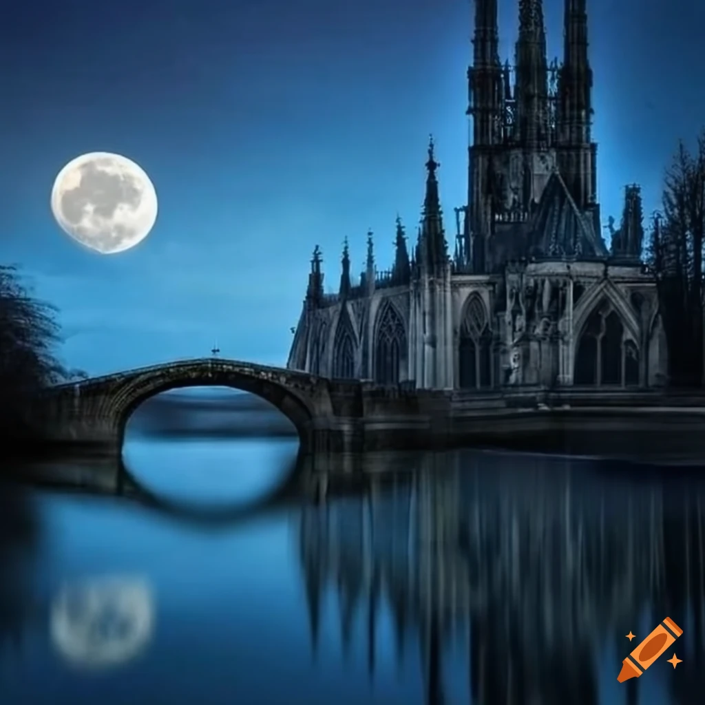 Ethereal full moon over old bridge connected to gothic cathedral on Craiyon
