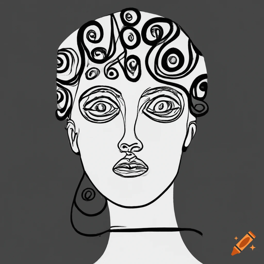 Whimsical black and white line drawing inspired by minimalist klimt