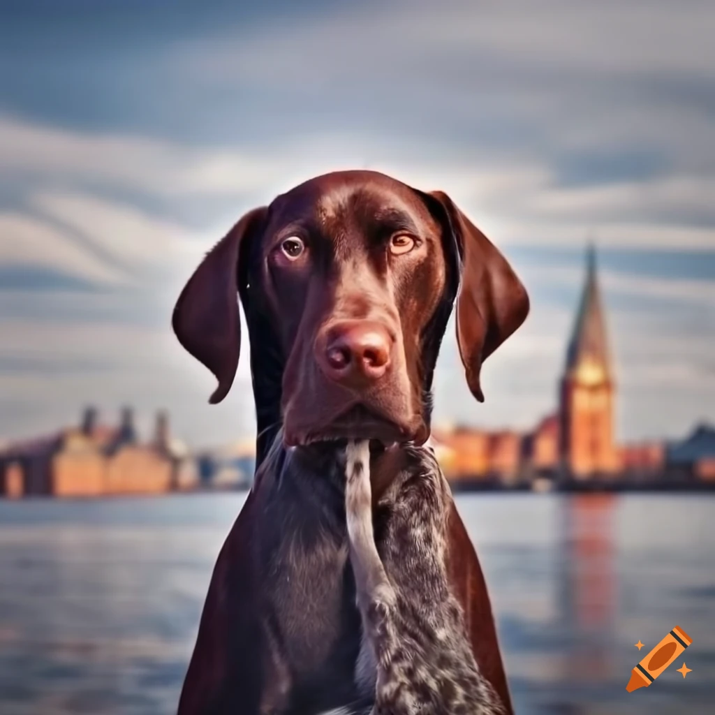 German shorthaired pointer walking by the waterfront in downtown St John's