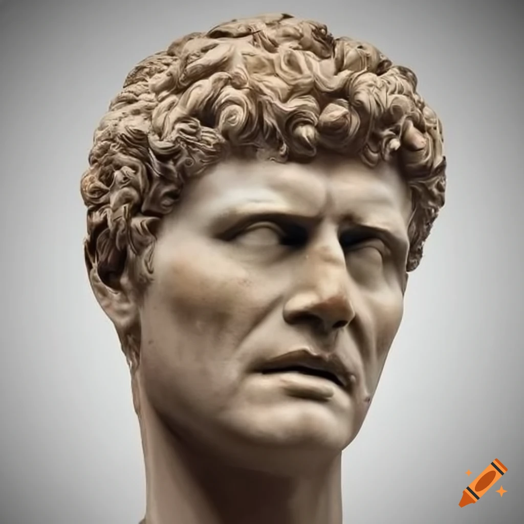 Roman bust of a man named Philip Quatermain with tall hair and sideburns