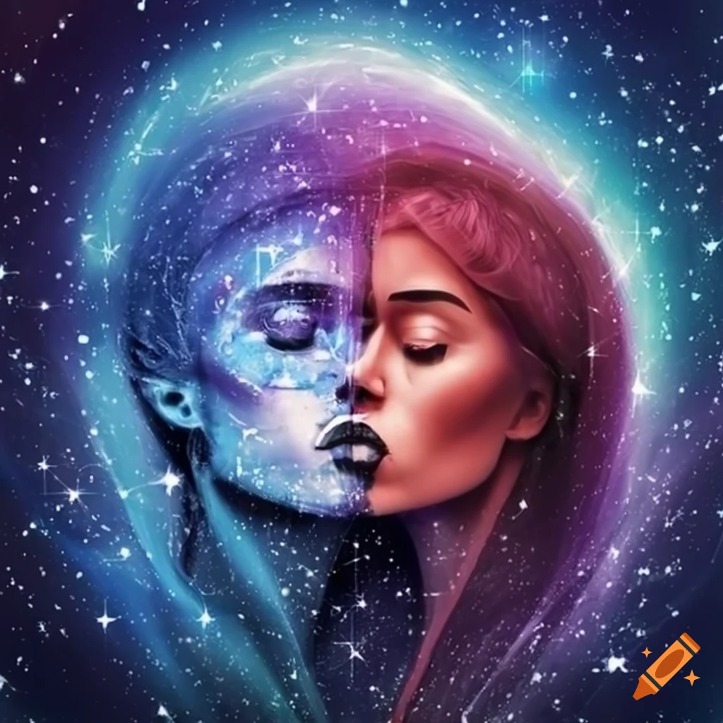 Abstract faces of a man and a woman trying to kiss in the universe
