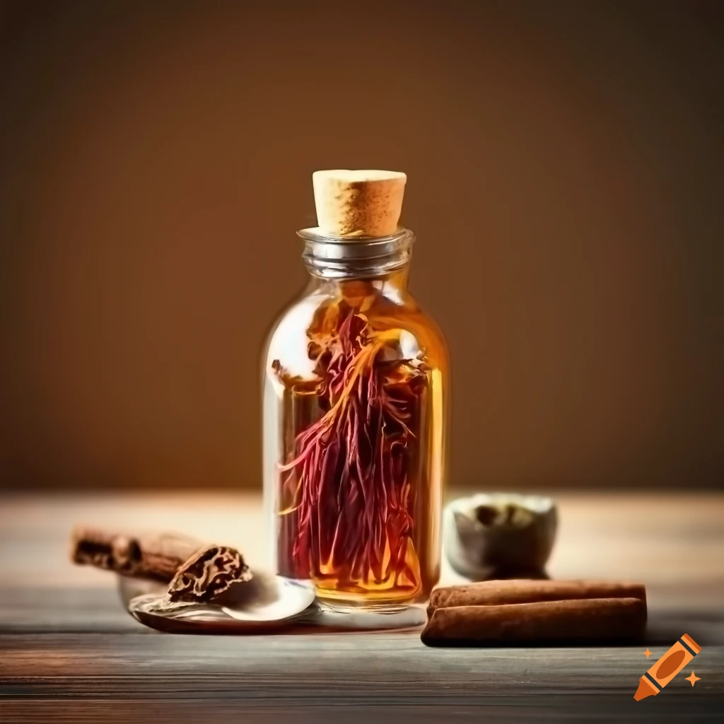 Bottle of fragrant spices and sandalwood with brown liquid on a table
