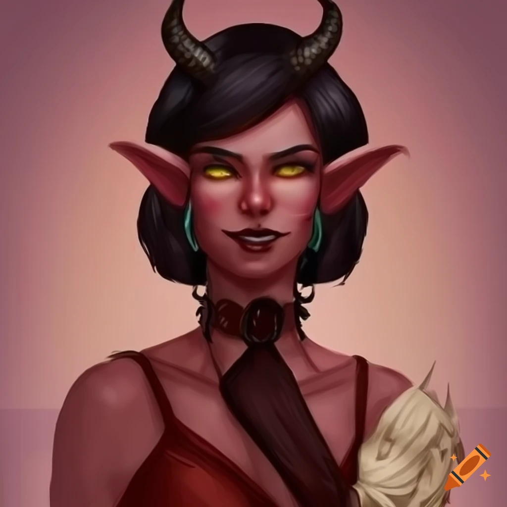 Tiefling bard with red horns and black hair