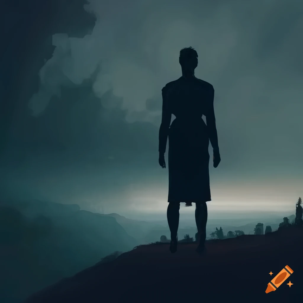 Silhouette of a man watching an Ancient Greek city burning from a hill in dramatic realistic style