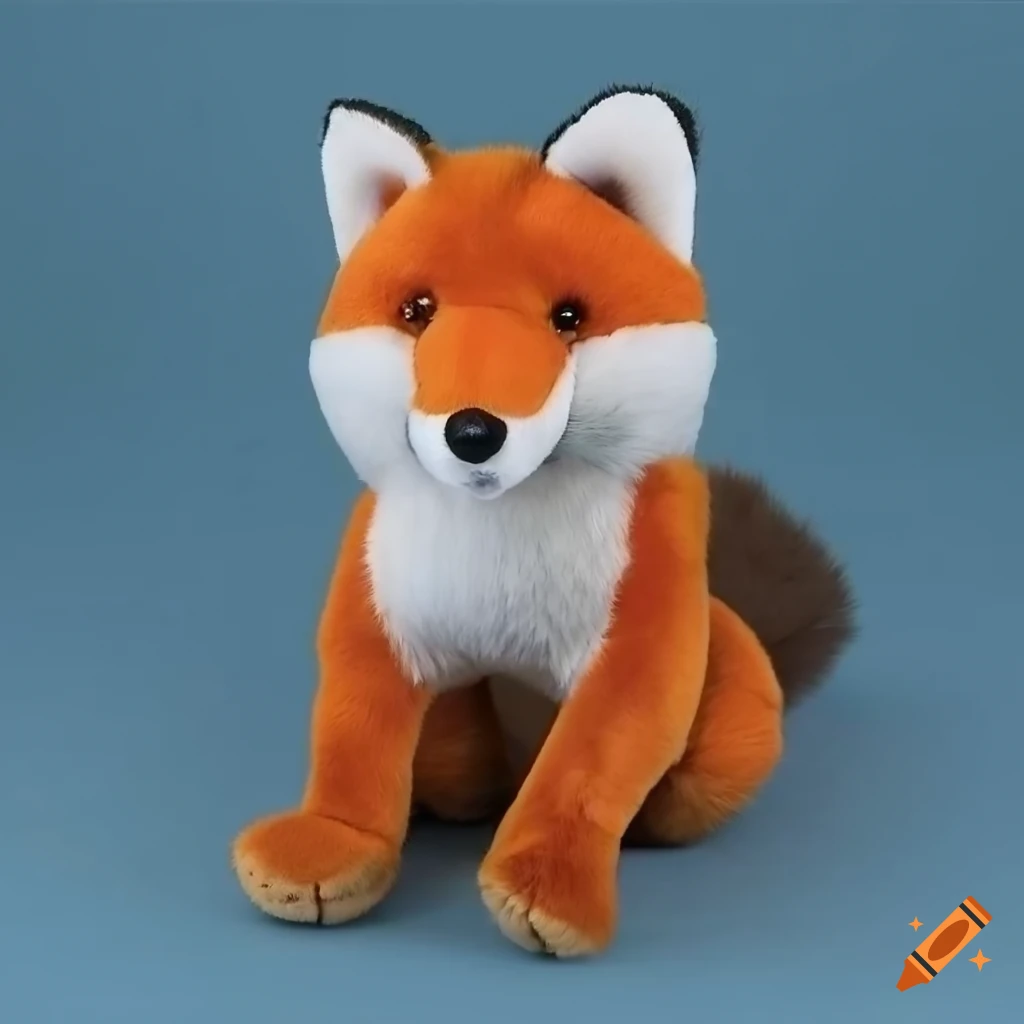 Fox stuffed animal sitting on solid blue background