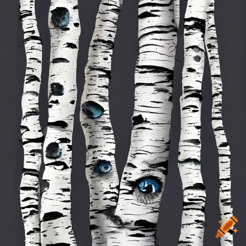 Abstract ink drawing of aspen trees with realistic eyes in black