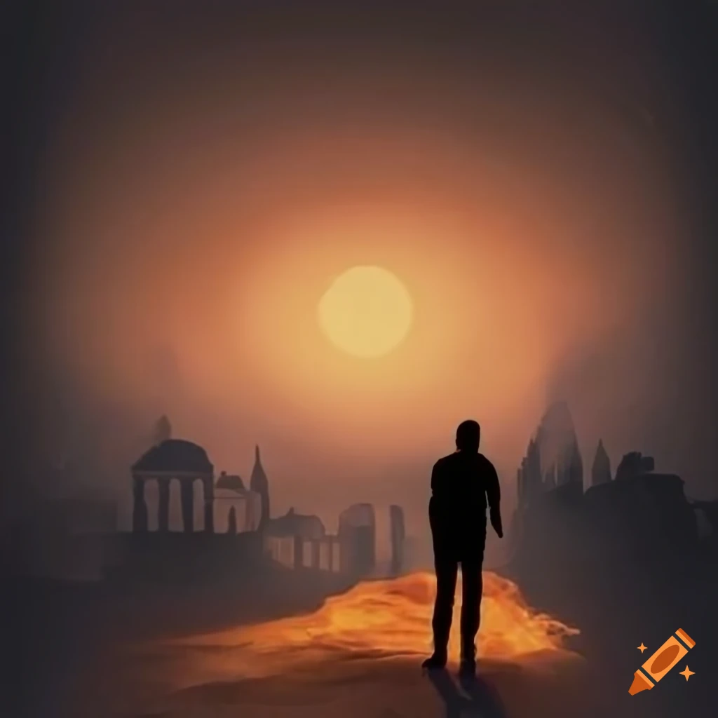 Silhouette of a man watching an Ancient Greek city burning from a hill in dramatic realistic style