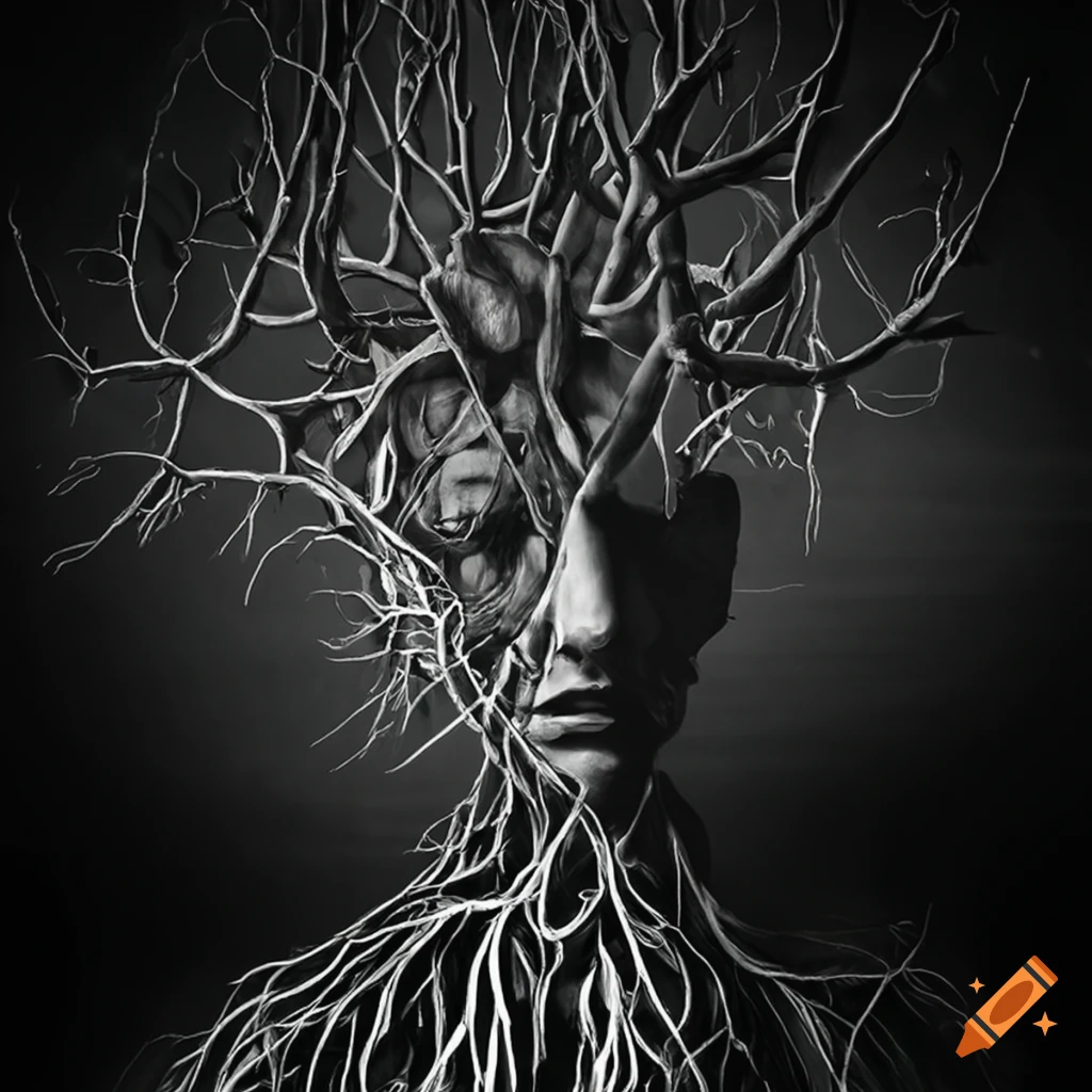 Surreal artwork of a human figure made of branches