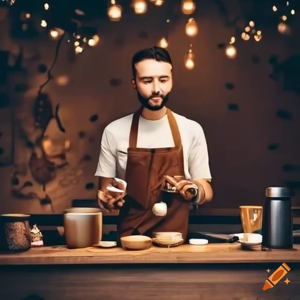 Cozy cafe with decorated interior and friendly barista serving coffee