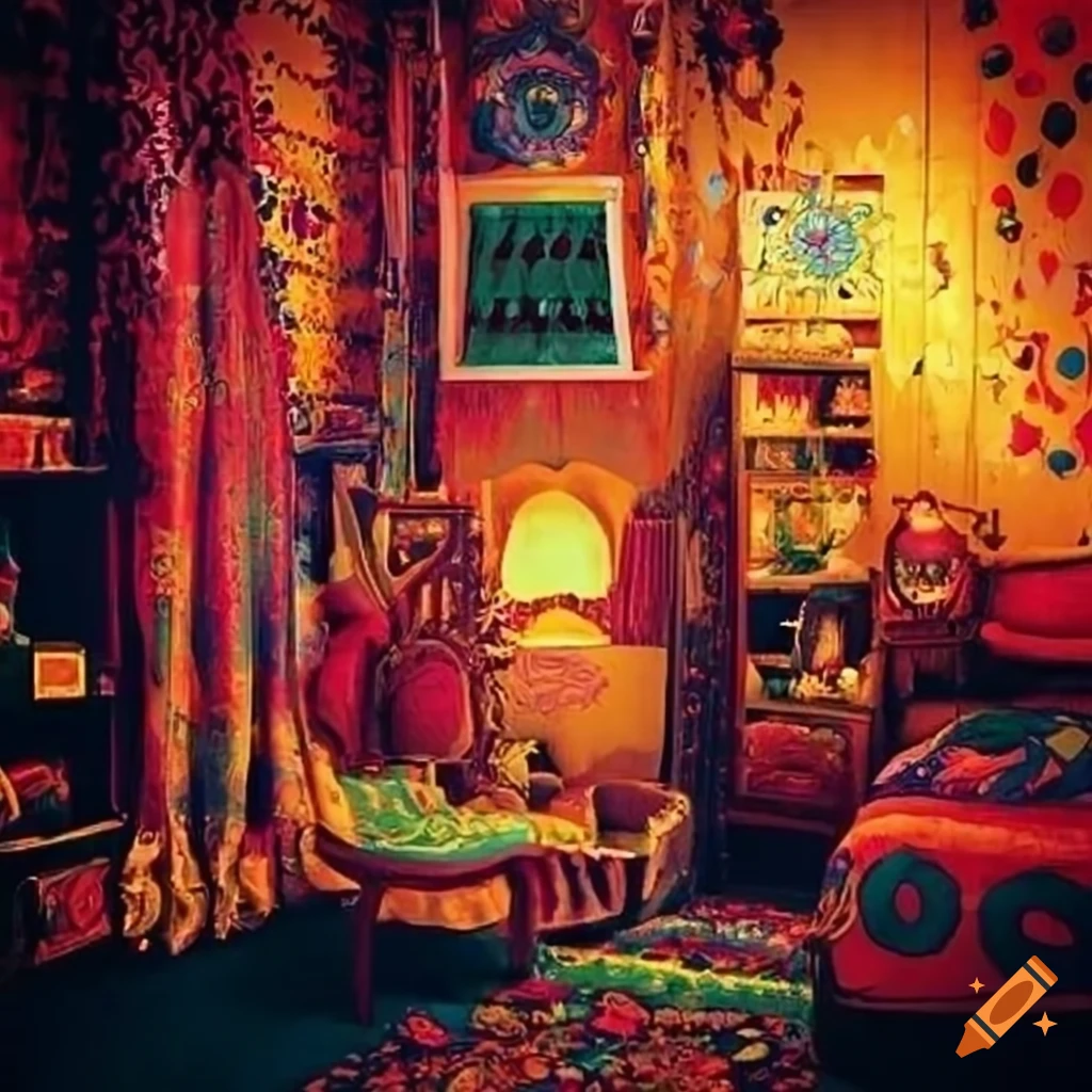 Bohemian-style room with colorful decor and cozy atmosphere