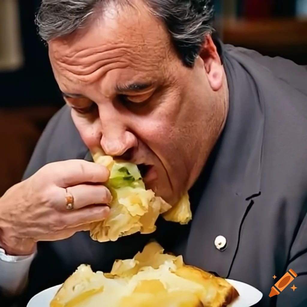 Politician eating a reuben sandwich with Russian dressing, melted swiss cheese, and sauerkraut