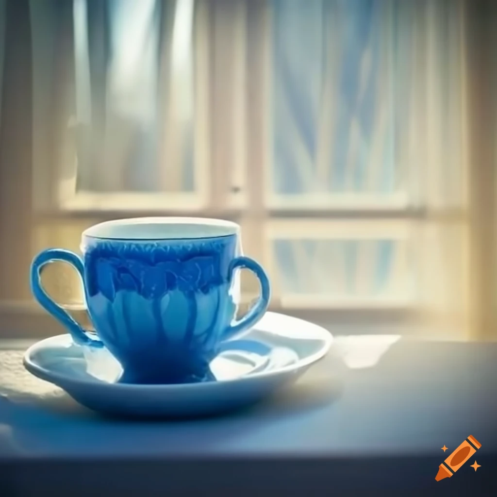 Blue and white cup of tea on a sunlit table by the window