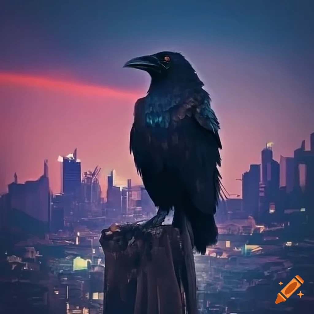 Futuristic raven on a tree overlooking a dark city at sunset on Craiyon