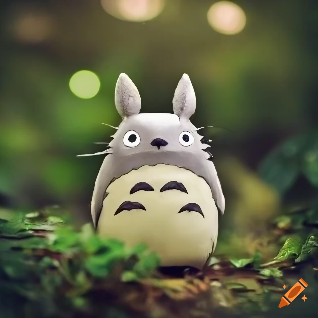Cute Totoro in a yard with bokeh effect