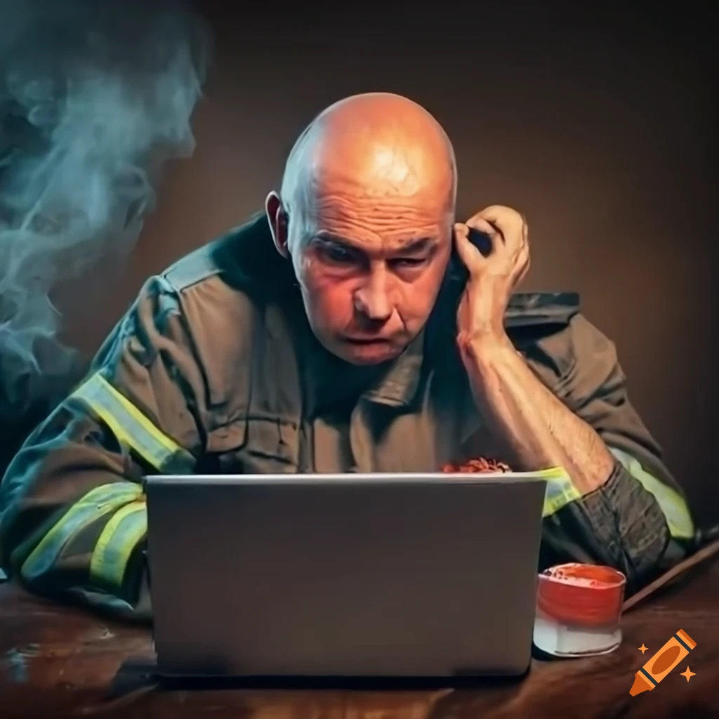 Determined firefighter in a smoky room with a broken laptop